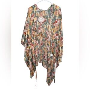 Umgee Floral Asymmetric Kimono Wrap Boho Open Front Resort Wear Oversize S/M NWT